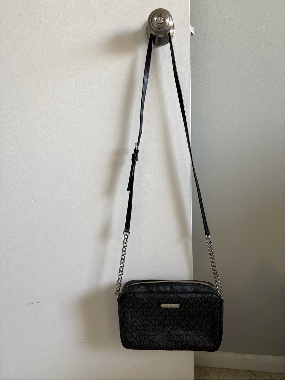 Michael Kors Black Monogram Crossbody with Silver Chain